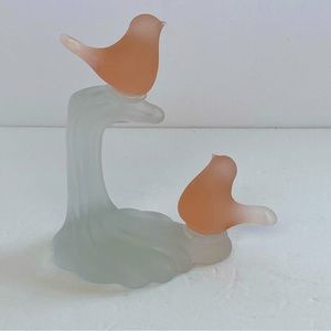 crowning touch collection glass two gazing pink birds on white perch frosted 7"